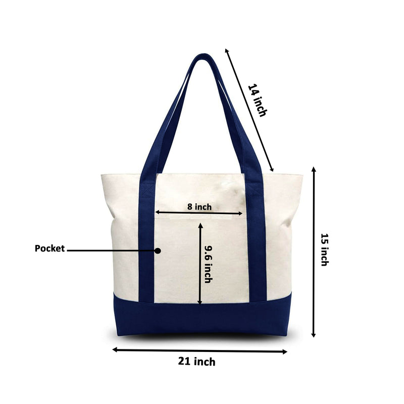 Canvas Tote Bag - Blue - 21" x 15" - Top Zipper - External Pocket