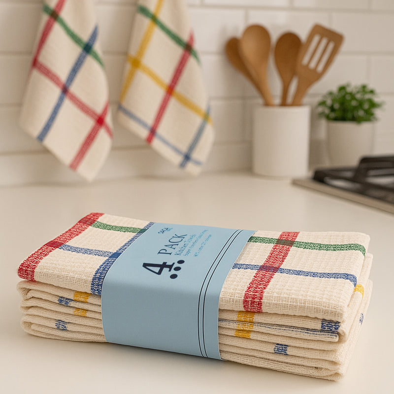 Multi Color Lightweight Waffle Dish Towels, Cleaning Towels and Cotton Rich Bar Towels. pack of 4, Perfect for Everyday Use (18"x26")