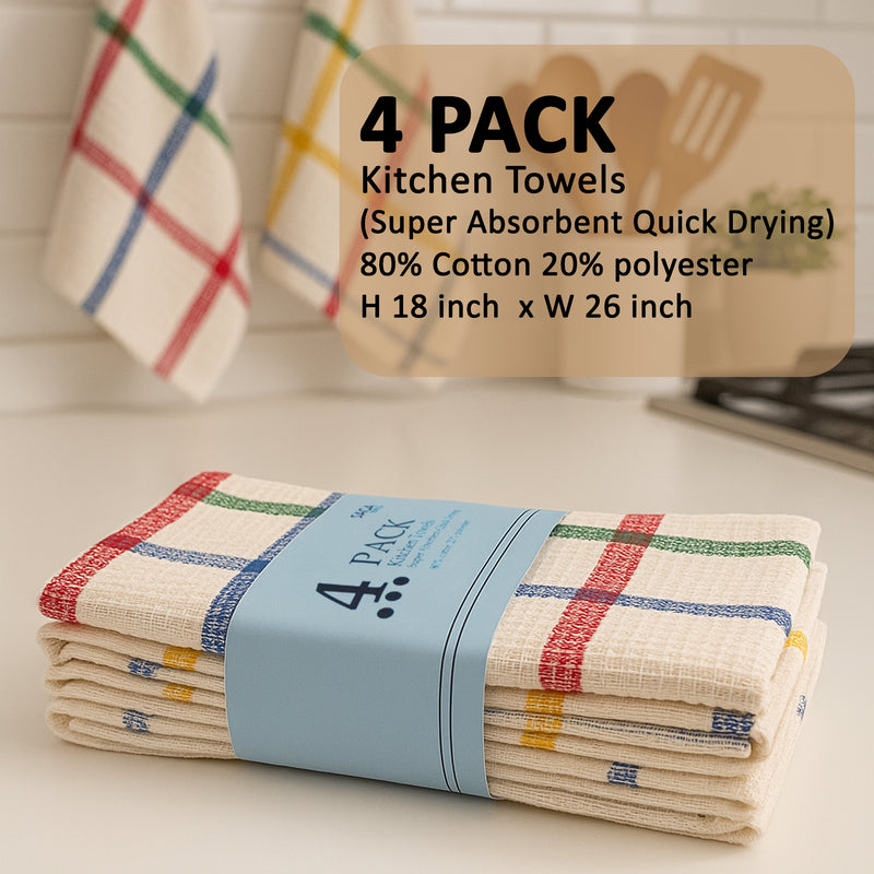 Multi Color Lightweight Waffle Dish Towels, Cleaning Towels and Cotton Rich Bar Towels. pack of 4, Perfect for Everyday Use (18"x26")